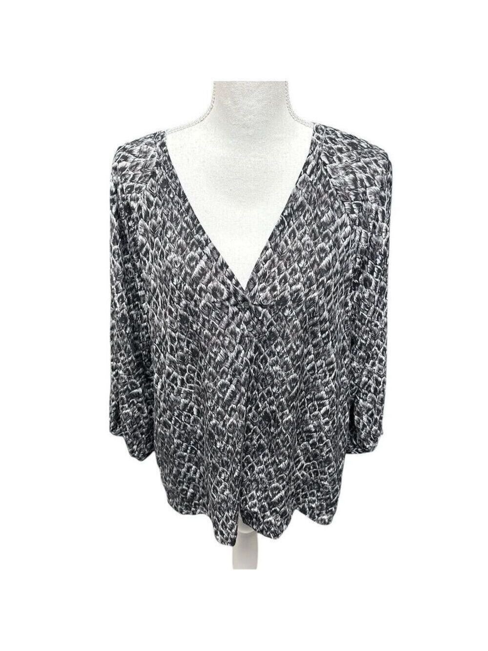 Joie Women's Silk V-Neck Blouse Black Gray Feather Print Long Sleeve Size L